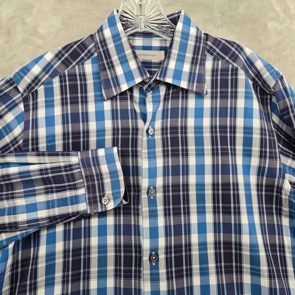Ermenegildo Zegna Button‎ Up Shirt Mens Medium Blue Plaid Long Sleeve Italy